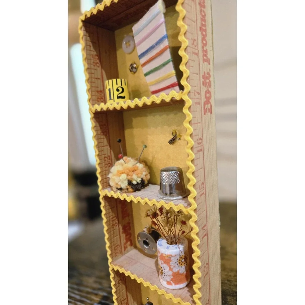 Sewing Room Decor - sewing notions in mini‎ ruler-edged diorama display